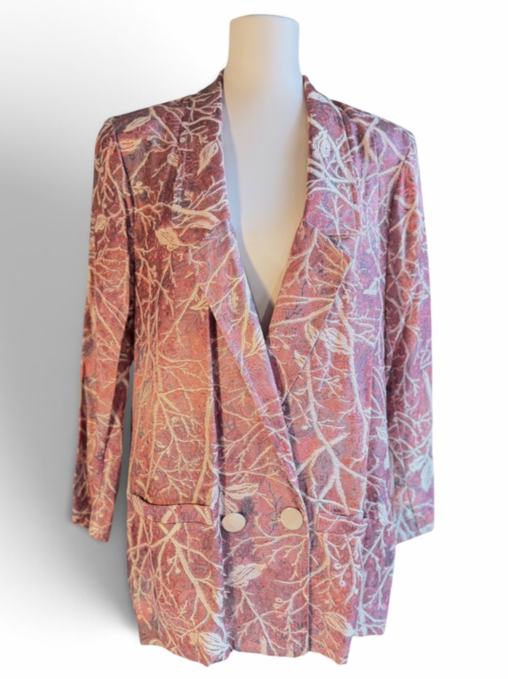 Vintage Floral Brocade Double Breasted Jacket Blazer L Pink Metallic 90s